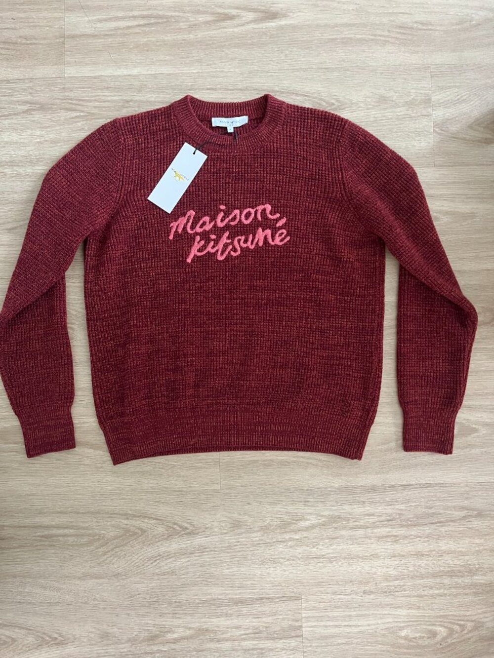 MAISON KITSUNE Women's Medium Red Crewneck Sweater with Script Detail 100% Wool
